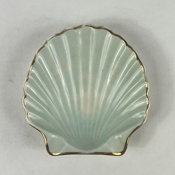 Vintage Tayokuni Japan Shell Dish Light Green Gold Trim Trinket Plate 1950s - Picture 6 of 7